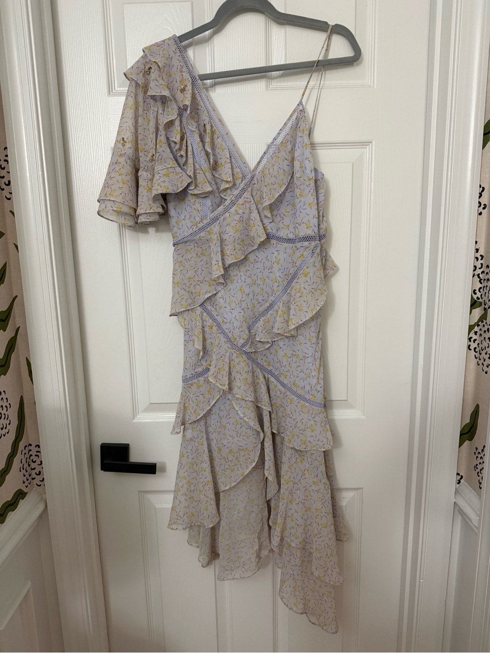 Acler Lavender Floral One-Shoulder Ruffle Midi Dress